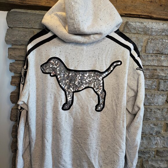 Victoria Secret Pink Bling Sequin Logo Dog Hooded Pullover 1/4 Zip Gray Black LG - Picture 9 of 12